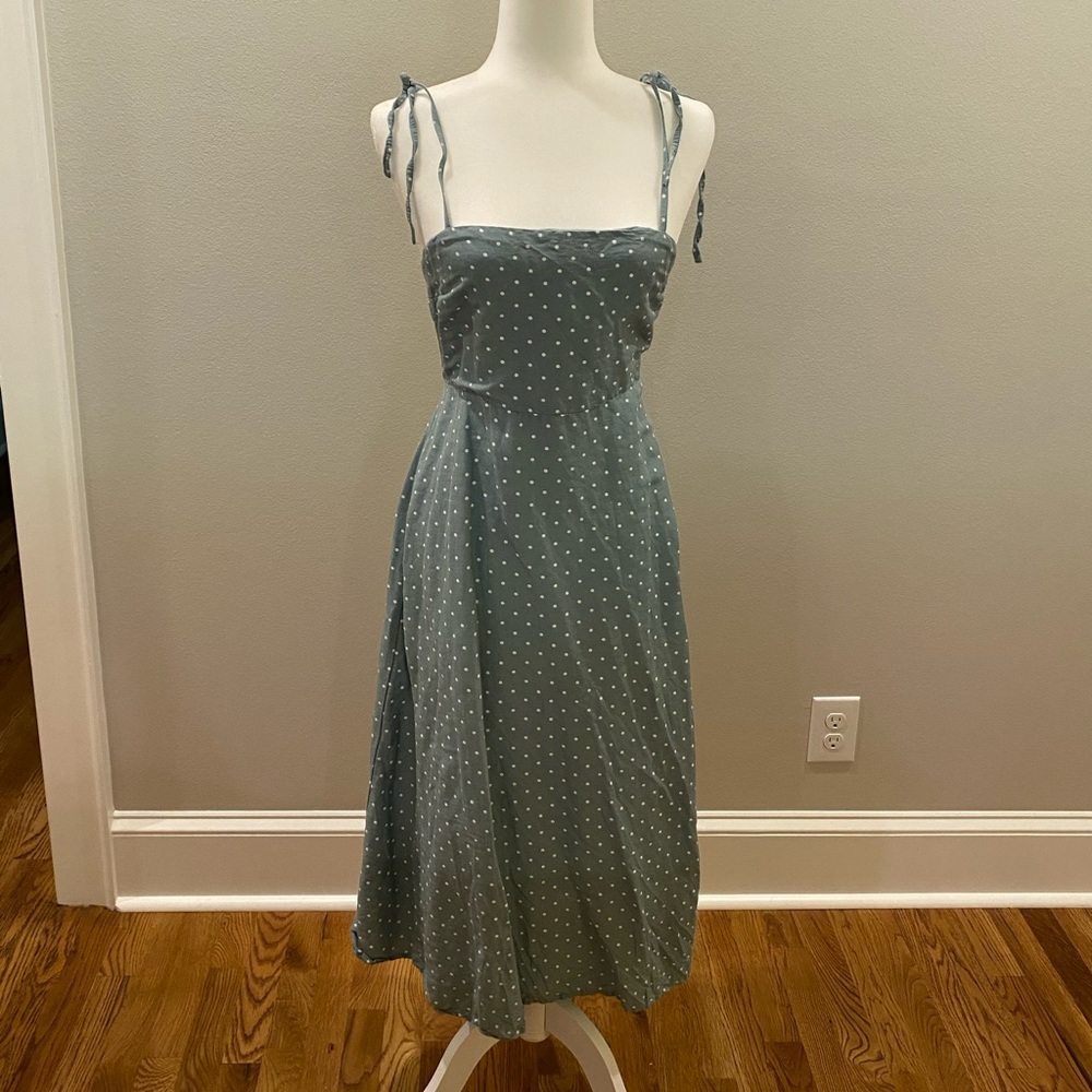 Teal and white polka dot midi dress